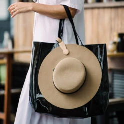 Klipsta Hat Clip - Tan -Trendy Beach Hat Klipsta Beige on bag